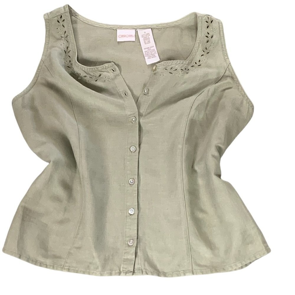 Linen Blend Sleeveless Button Up Top Eyelet Cutouts Neck S by Cherokee #354P